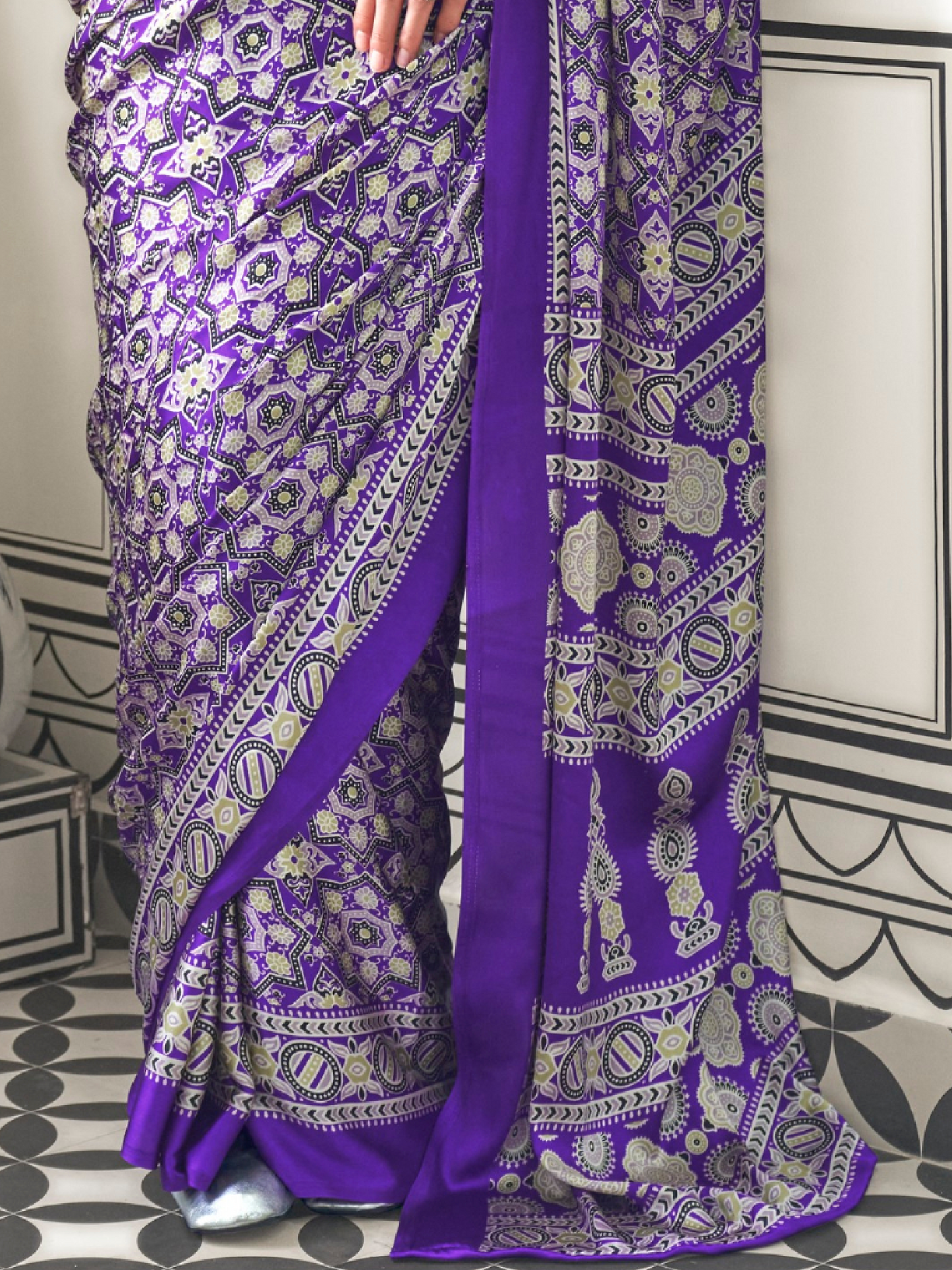 Purple & White Satin Crepe Ajrakh Print Saree