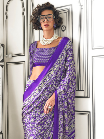 Purple & White Satin Crepe Ajrakh Print Saree