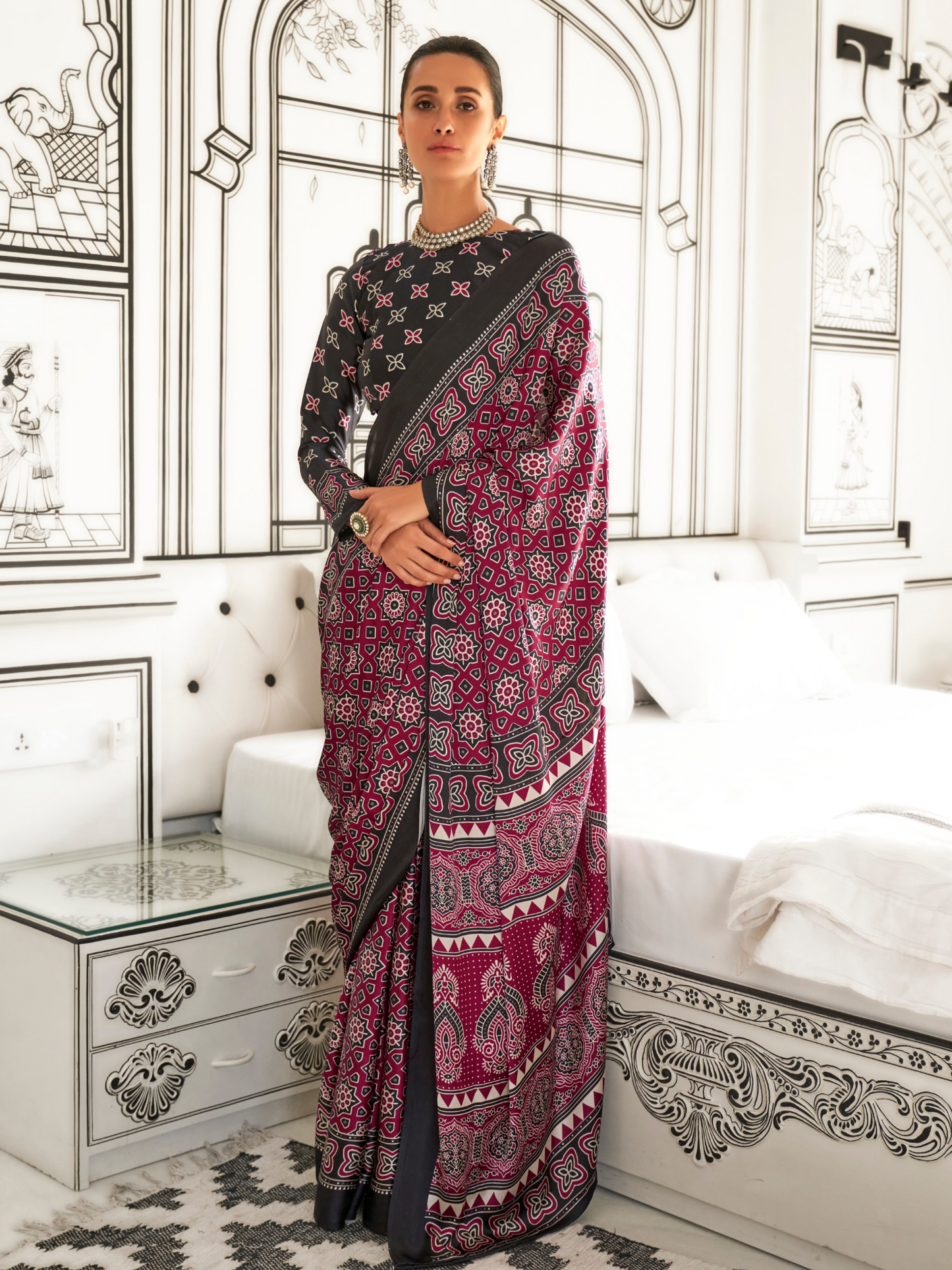 Magenta & Black Satin Crepe Ajrakh Print Saree