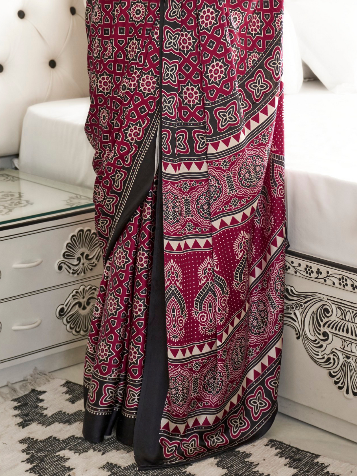 Magenta & Black Satin Crepe Ajrakh Print Saree