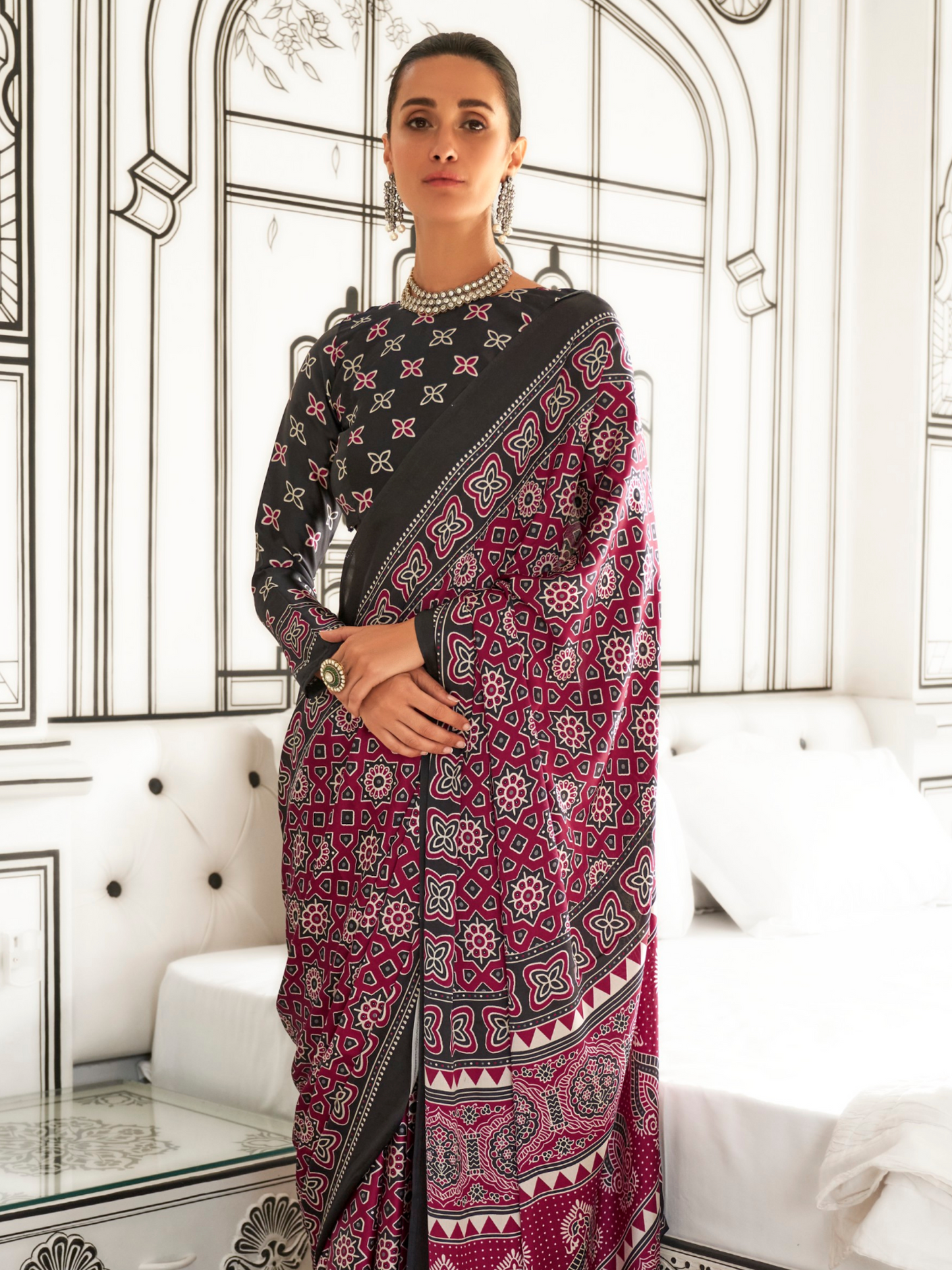 Magenta & Black Satin Crepe Ajrakh Print Saree