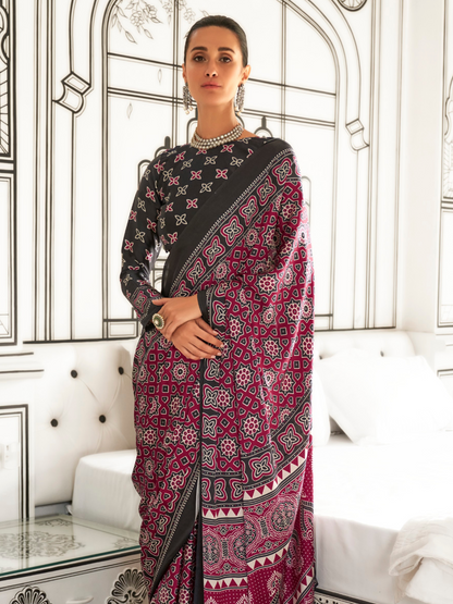 Magenta & Black Satin Crepe Ajrakh Print Saree