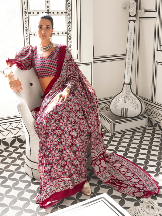 Magenta & White Satin Crepe Ajrakh Print Saree