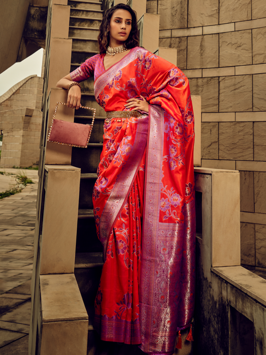 Classy Red Woven Banarasi Satin Silk Saree