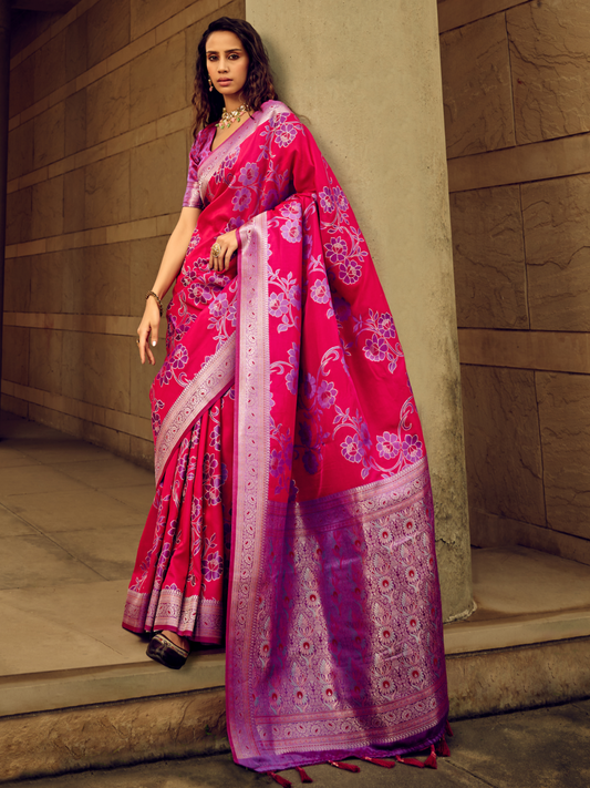 Hot Pink Woven Banarasi Satin Silk Saree