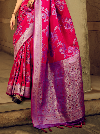 Hot Pink Woven Banarasi Satin Silk Saree