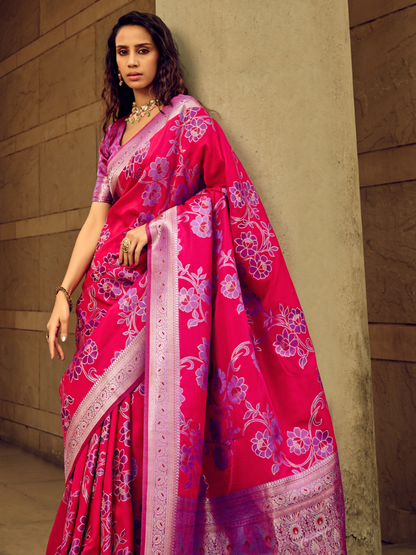 Hot Pink Woven Banarasi Satin Silk Saree