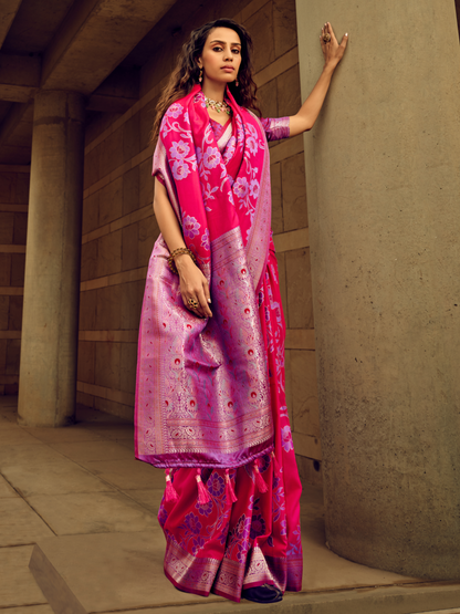 Hot Pink Woven Banarasi Satin Silk Saree