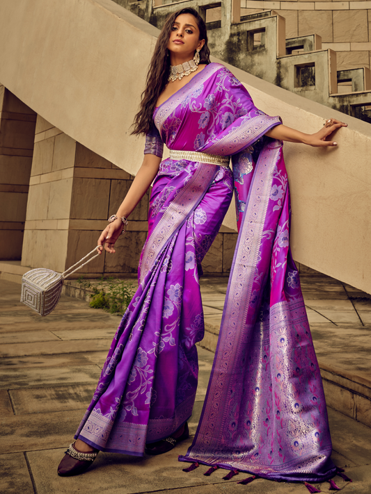 True Purple Woven Banarasi Satin Silk Saree