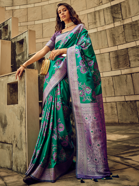 Tropical Green Woven Banarasi Satin Silk Saree