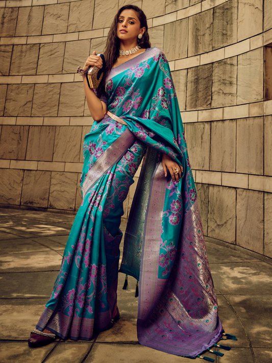 Teal Blue Woven Banarasi Satin Silk Saree