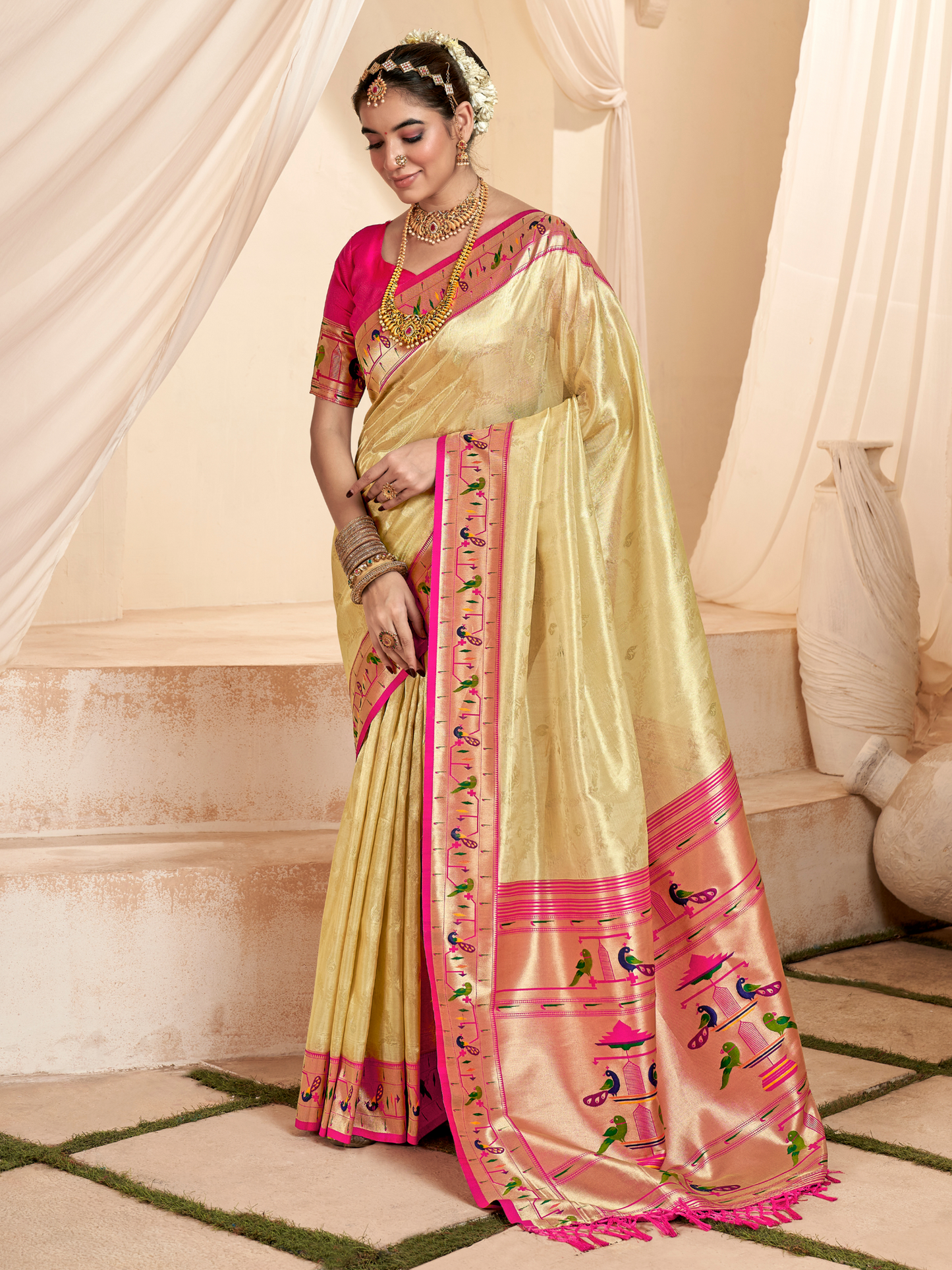 Creamy Golden Woven Paithani Tissue Silk Saree