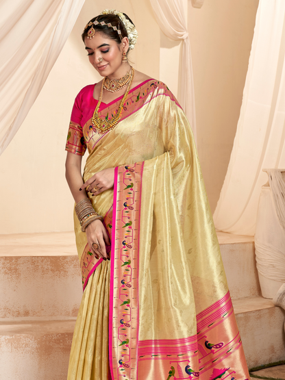 Creamy Golden Woven Paithani Tissue Silk Saree