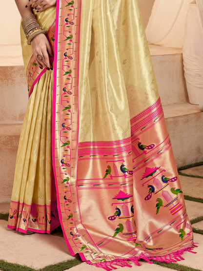 Creamy Golden Woven Paithani Tissue Silk Saree