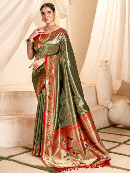 Khaki Green Woven Paithani Tissue Silk Saree