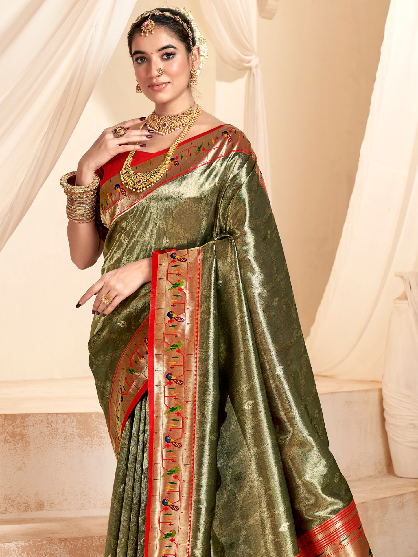 Khaki Green Woven Paithani Tissue Silk Saree