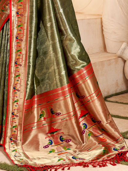 Khaki Green Woven Paithani Tissue Silk Saree