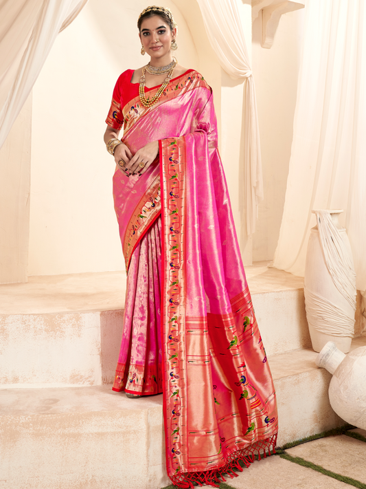 Sweet Pink Woven Paithani Tissue Silk Saree