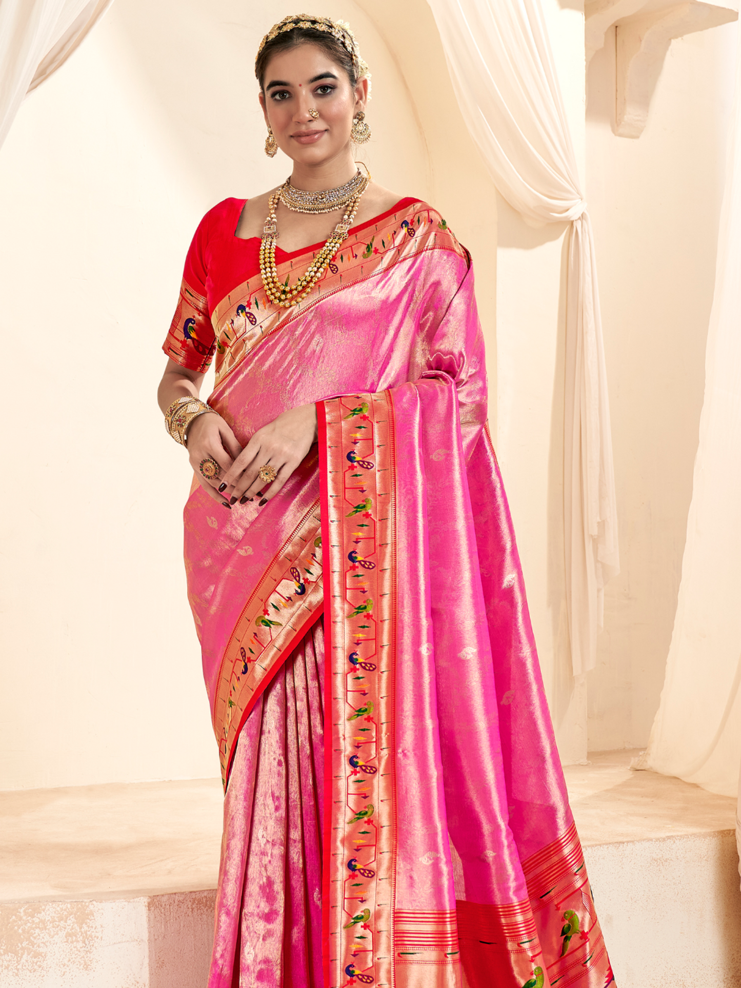 Sweet Pink Woven Paithani Tissue Silk Saree