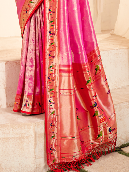 Sweet Pink Woven Paithani Tissue Silk Saree