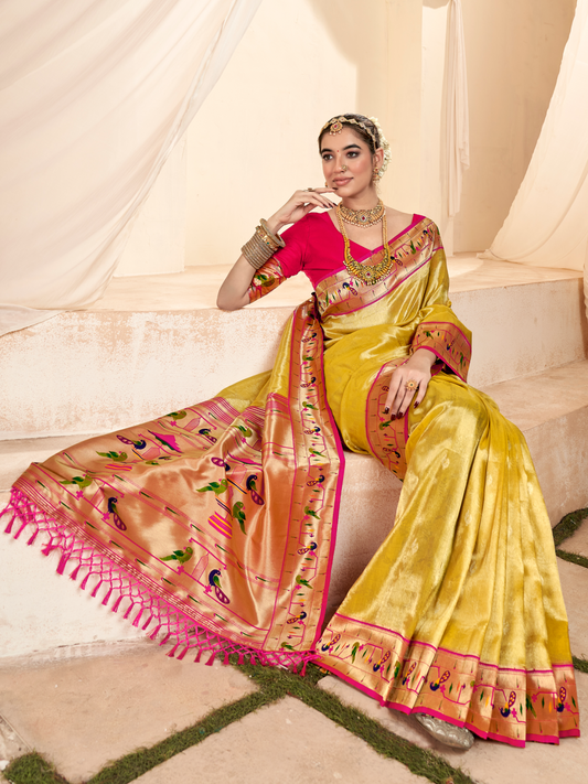 Chrome Yellow Woven Paithani Tissue Silk Saree