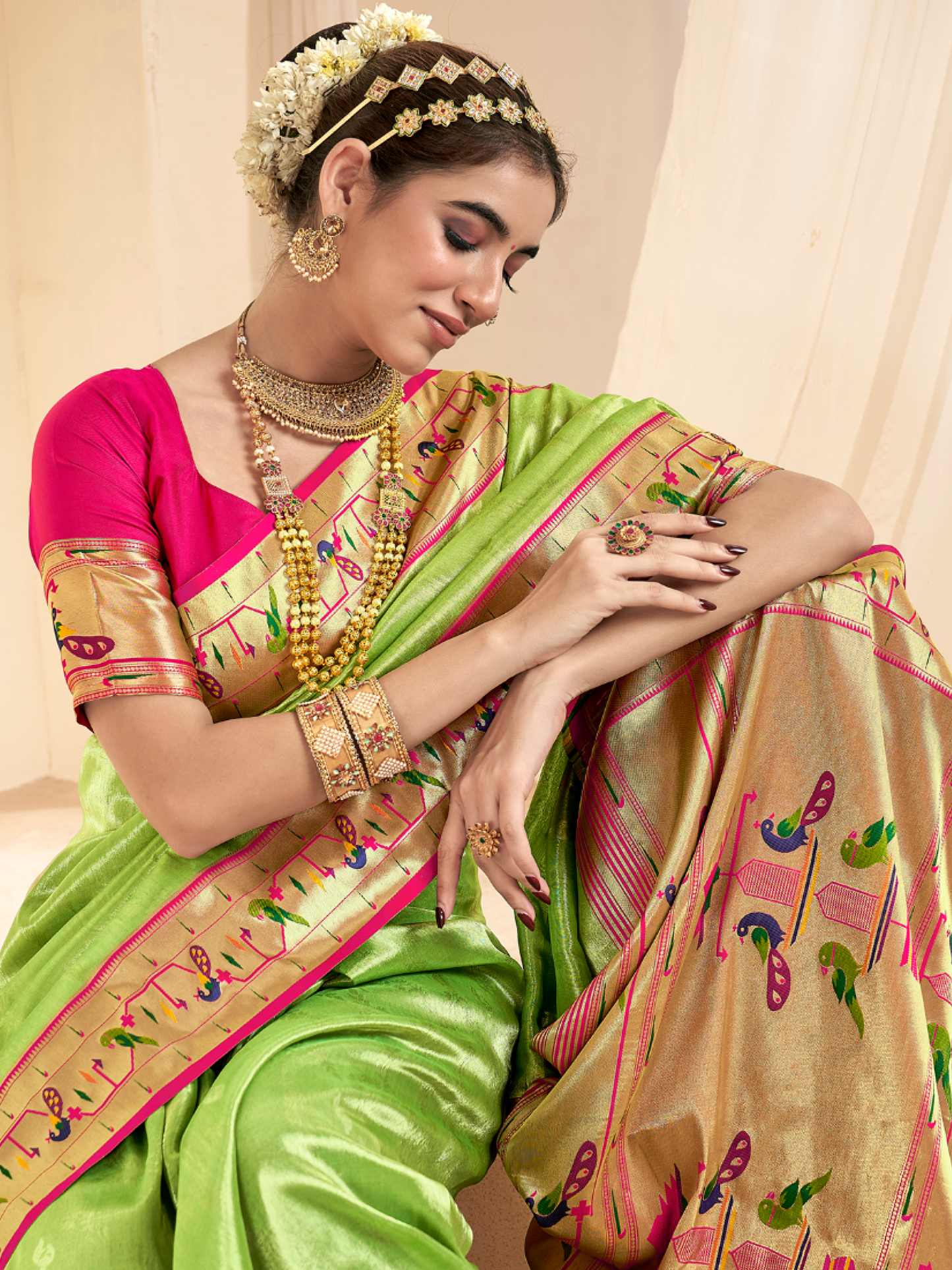 Parrot Green Woven Paithani Tissue Silk Saree