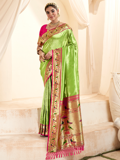 Parrot Green Woven Paithani Tissue Silk Saree