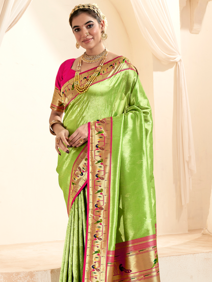 Parrot Green Woven Paithani Tissue Silk Saree