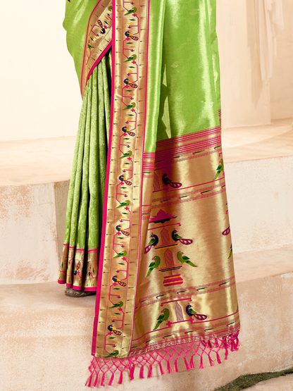 Parrot Green Woven Paithani Tissue Silk Saree