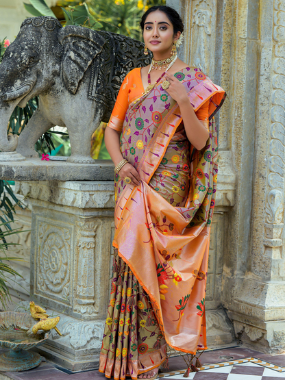 Beige Tan Woven Jacquard Paithani Silk Saree