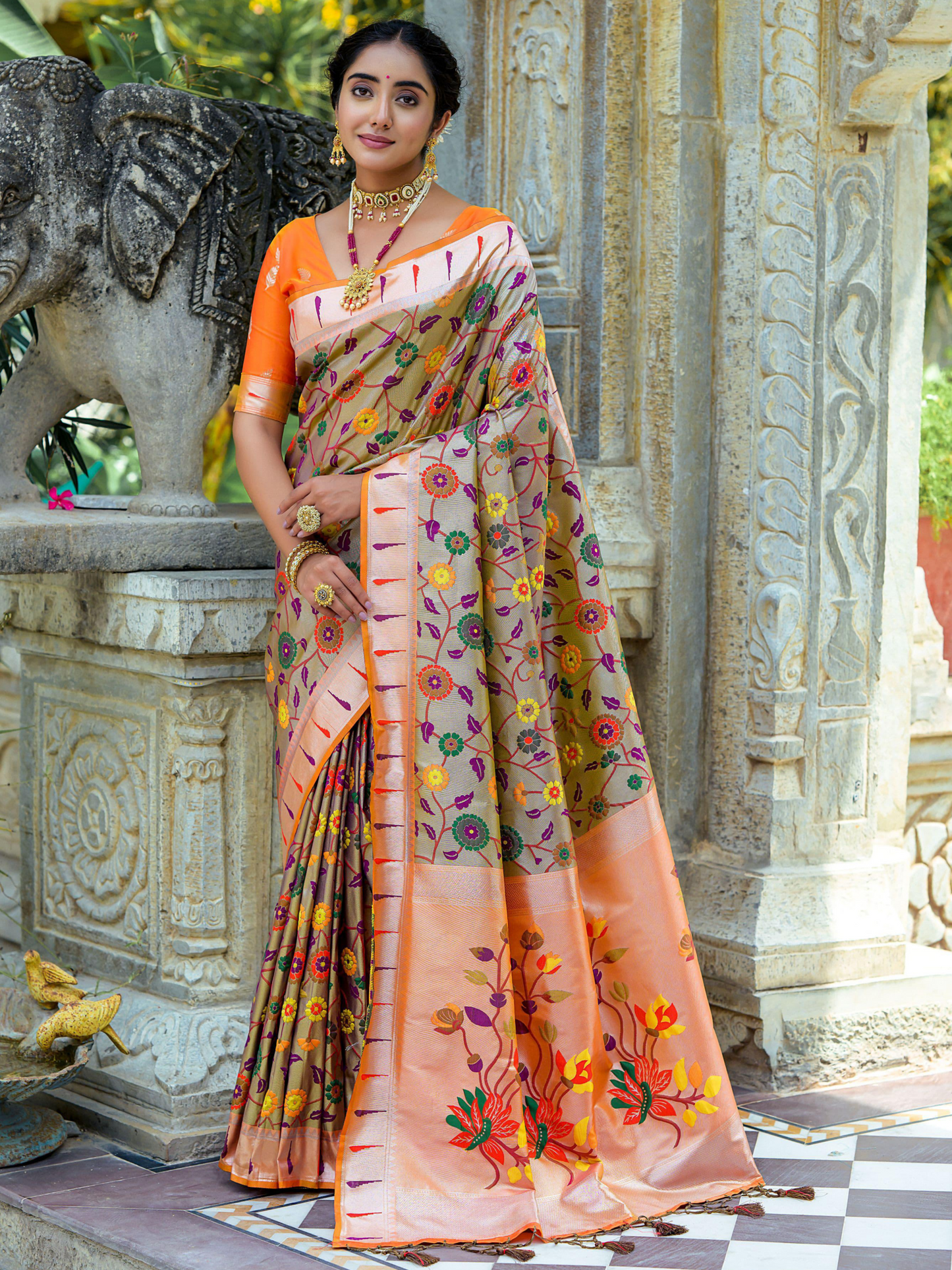 Beige Tan Woven Jacquard Paithani Silk Saree