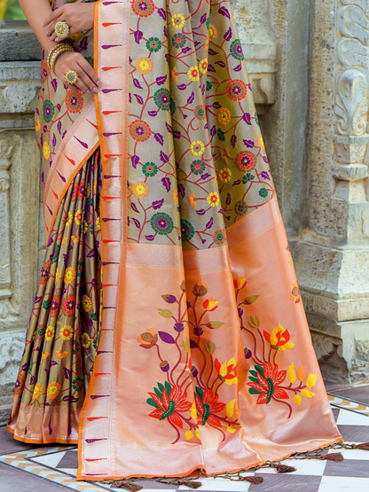 Beige Tan Woven Jacquard Paithani Silk Saree