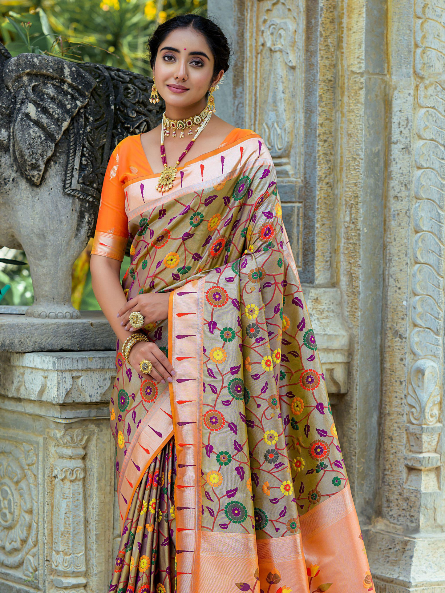 Beige Tan Woven Jacquard Paithani Silk Saree