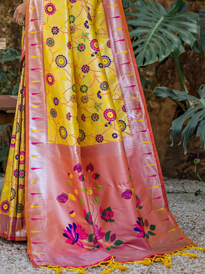 Bright Yellow Woven Jacquard Paithani Silk Saree