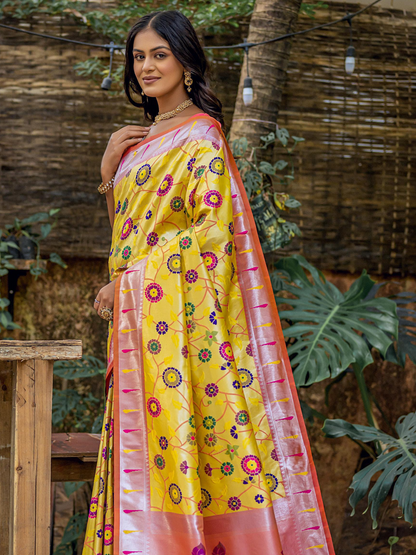 Bright Yellow Woven Jacquard Paithani Silk Saree